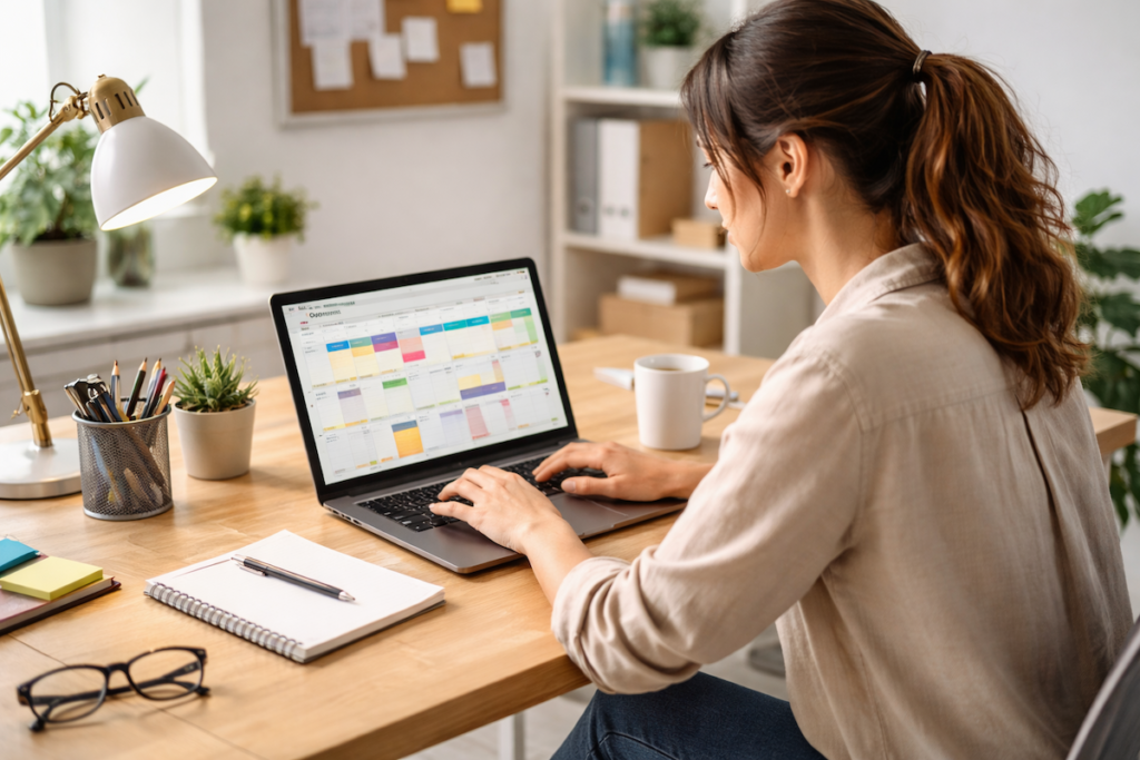 Marketer planning content on a laptop